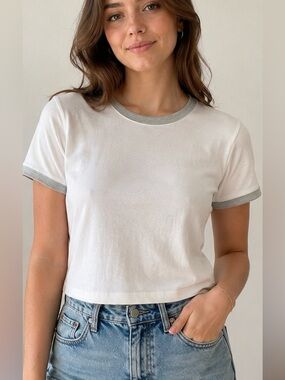 Harlow XL cropped White Tee with grey Trim Detail Stretch Cotton Blend layering